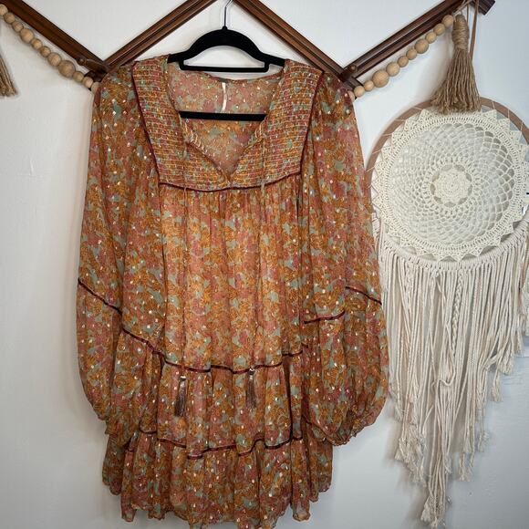 Free People Orange Floral Boho Bell Sleeve Mini Swing Dress - Picture 1 of 8
